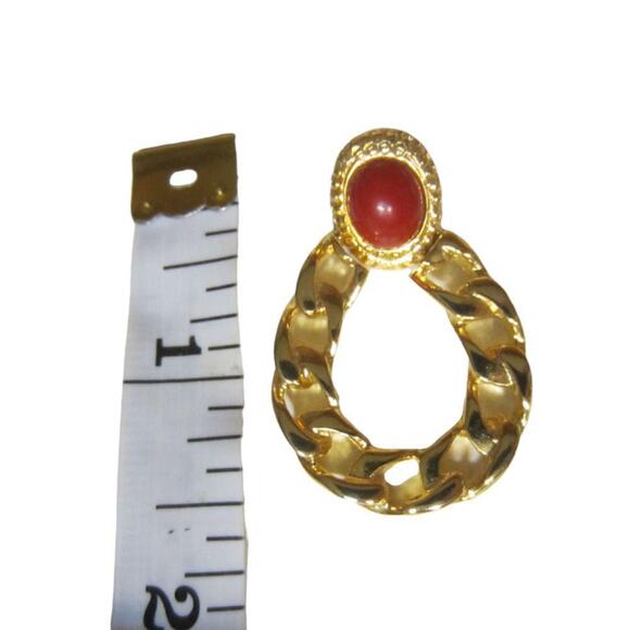 Gold Chain Hoop Statement Earrings Red Cabochon Clip-On Retro 80s - Picture 5 of 7